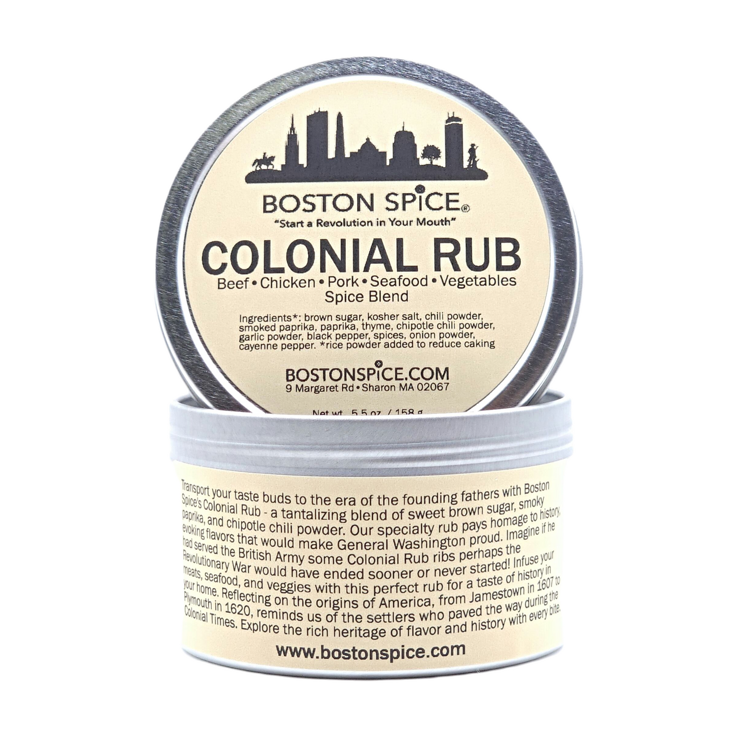 Barbecue spice blend by Boston Spice for ribs, steak, pork, seafood, and vegetables. Called Colonial Rub