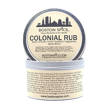 Barbecue spice blend by Boston Spice for ribs, steak, pork, seafood, and vegetables. Called Colonial Rub