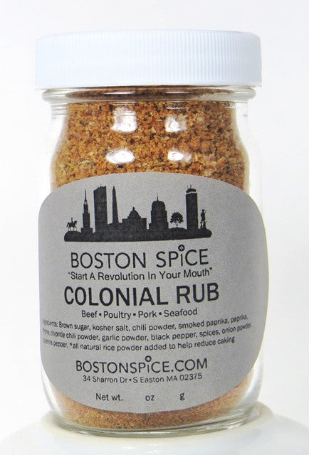 Barbecue spice blend by Boston Spice for ribs, steak, pork, seafood, and vegetables. Called Colonial Rub