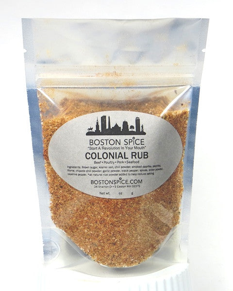 Barbecue spice blend by Boston Spice for ribs, steak, pork, seafood, and vegetables. Called Colonial Rub
